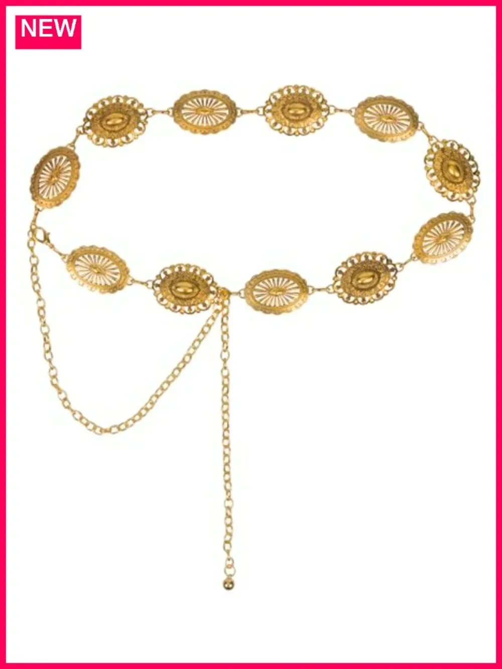 Gold Plated Metal Chain Belt with Conchos - Adjustable Western Waist Chain